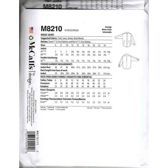 McCall's M8210 Misses 16 to 24 Jacket Melissa Watson Uncut Sewing Pattern New - Picture 2 of 2